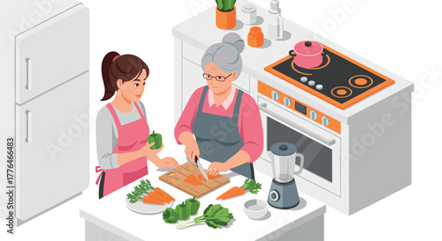 Grandma and granddaughter cooking together in modern kitchen isometric style