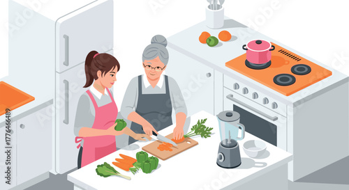 Isometric kitchen scene grandmother and granddaughter cooking together