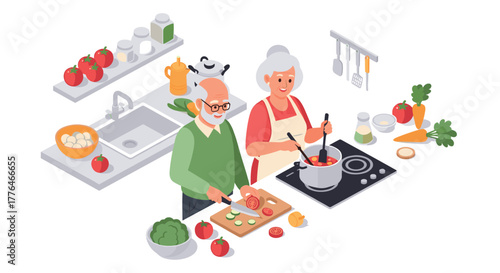 Elderly couple cooking in modern kitchen with fresh ingredients in isometric style