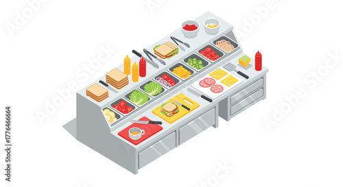 Isometric sandwich making station with ingredients and tools on display