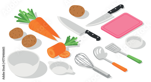 Isometric kitchen tools and vegetables for cooking and meal preparation