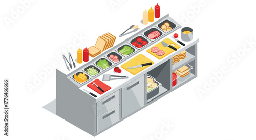 Isometric sandwich preparation counter with ingredients and utensils