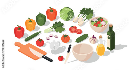 Isometric fresh vegetables and kitchen tools for cooking