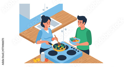 Couple cooking together in modern kitchen illustration with fresh ingredients