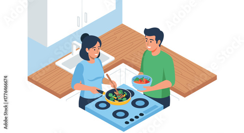 Couple cooking together in modern kitchen scene with fresh ingredients