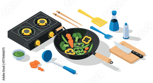 Isometric cooking set with vegetables and utensils on white background