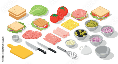 Isometric sandwich ingredients set with cooking tools for culinary design