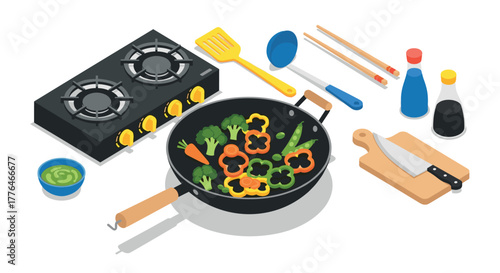 Isometric kitchen cooking scene with vegetables and utensils