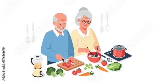 Elderly couple preparing a healthy meal together in the kitchen