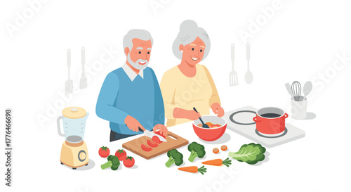 Elderly couple cooking together in kitchen with fresh ingredients