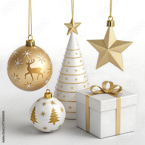 golden christmas balls with stars, Set of 3D Christmas decorations with golden bauble, white cone tree, reindeer, gift box with ribbon and stars. Elegant festive elements for winter New Year holiday
