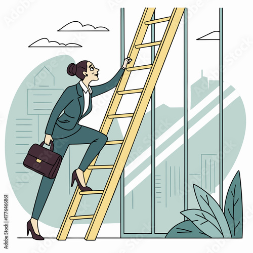 Businesswoman in suit climbing ladder with briefcase in hand
