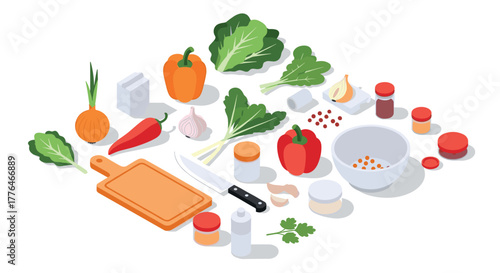 Isometric kitchen ingredients with cutting board and vegetables