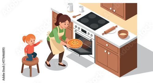 Mother and child baking together in a cozy kitchen setting