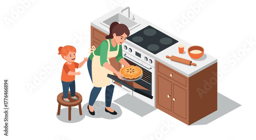 Mother and daughter baking a pie in the kitchen