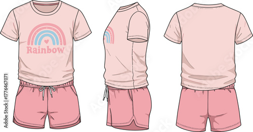 Casual pink t-shirt, rainbow graphic, girls summer outfit, side view fashion sketch, comfy shorts, children’s clothing, apparel illustration, vector