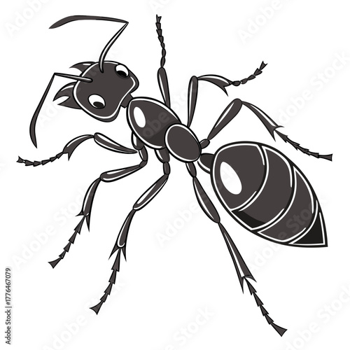 Illustration of a cartoon ant with detailed features shown
