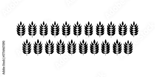 Wheat icon set. Collection of black wheat ear silhouettes, ideal for agriculture logos, organic product labels, and rural themed designs. Vector illustration. EPS