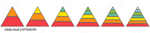 Triangular chart level infographic collection. Hierarchy pyramid color elements set. Vector illustration isolated on white.