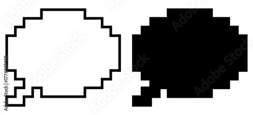 Pixel speech bubble symbol set. Line and silhouette chat icon. Vector illustration isolated on white.