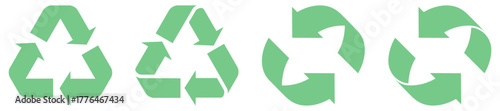 Recycle green arrows shapes collection. Rotation circular and triangular chart infographic set. Vector illustration isolated on white.