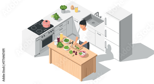 Home cooking in modern kitchen with isometric design elements