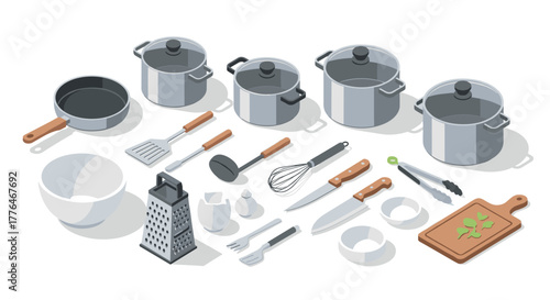 Isometric kitchenware collection pots, pans, grater, utensils, cutting board