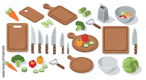 Isometric kitchen tools collection with cutting boards, knives, and vegetables
