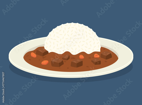 Japanese curry rice kare raisu illustration with white rice, rich brown sauce and chunks of meat and vegetables