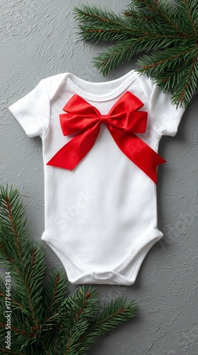 Adorable white baby bodysuit with vibrant red bow, nestled among fresh pine branches, creating a festive holiday-themed newborn clothing mockup