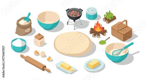 Isometric picnic and cooking items barbecue, ingredients, and utensils collection