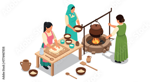 Isometric scene of women baking and cooking over an open flame in traditional setting
