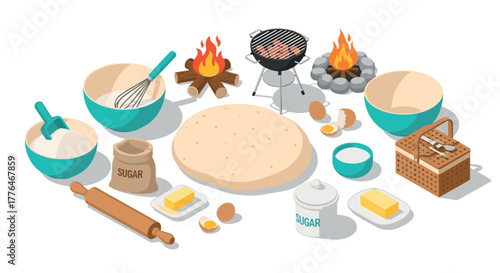 Flat isometric outdoor baking setup with ingredients and barbecue grill scene
