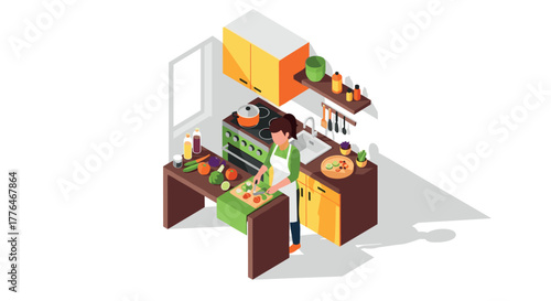 Isometric kitchen with woman cooking fresh vegetables in modern interior design