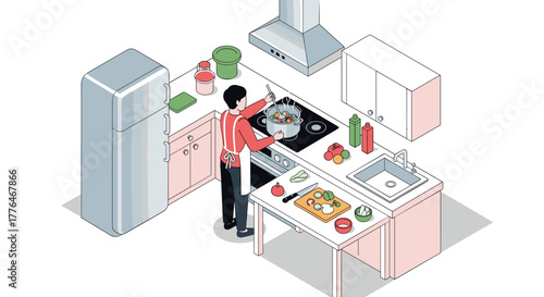 Isometric kitchen scene with man cooking at home in modern minimalist design