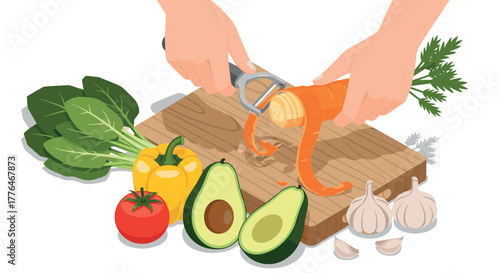 Fresh cooking preparation with vegetables on a wooden cutting board