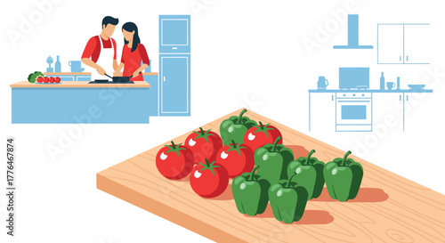 Couple cooking together in modern kitchen with fresh vegetables