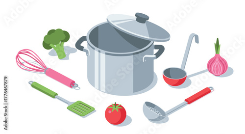 Isometric kitchen tools with pot and vegetables for cooking visuals