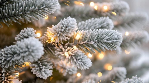 Video Christmas New Years fir tree branches covered with snow with garland lights. Template with copy space