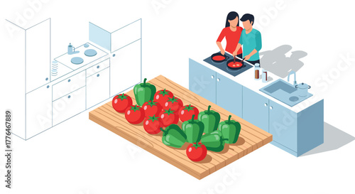 Isometric kitchen scene with couple cooking and fresh vegetables