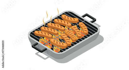 Grilled sausages on isometric barbecue with flames and smoke