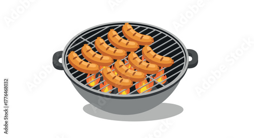 Grilled sausages on charcoal bbq with flames in isometric style