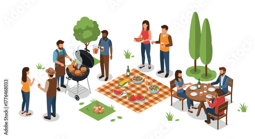 Isometric summer barbecue gathering with friends and family in the park