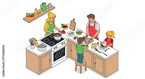 Family cooking together in modern kitchen with children helping and learning