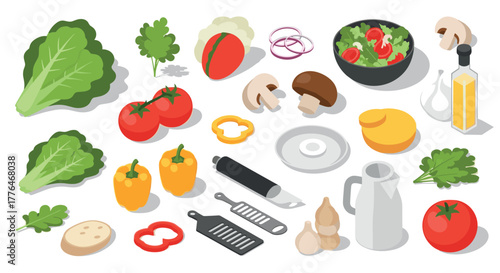 Colorful fresh ingredients for salad preparation on white background