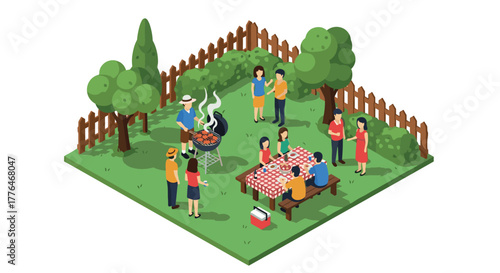 Isometric backyard barbecue party with friends and family in a garden setting