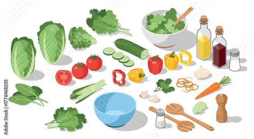 Fresh ingredients and kitchen tools for healthy salad preparation in isometric design