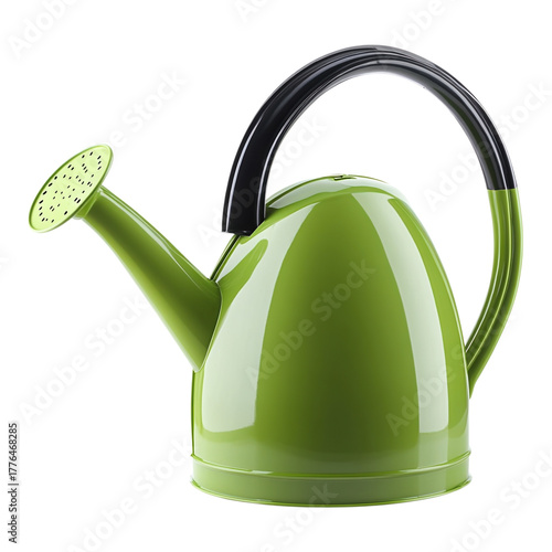 Green metal watering can, gardening tool, shiny green kettle, plant waterer isolated on Transparent Background