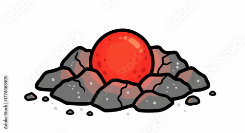 Red sphere among rocks with transparent background