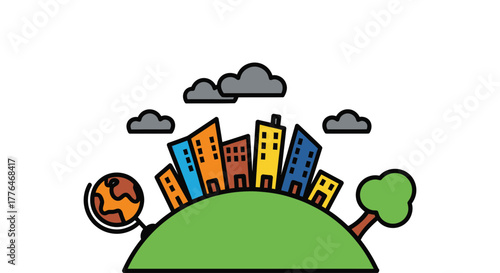 Vibrant cartoon city nestled on a green globe with clouds overhead